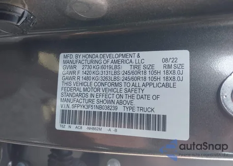 2022 Honda Ridgeline Rtl from USA, damaged, VIN 5FPYK3F51NB038239